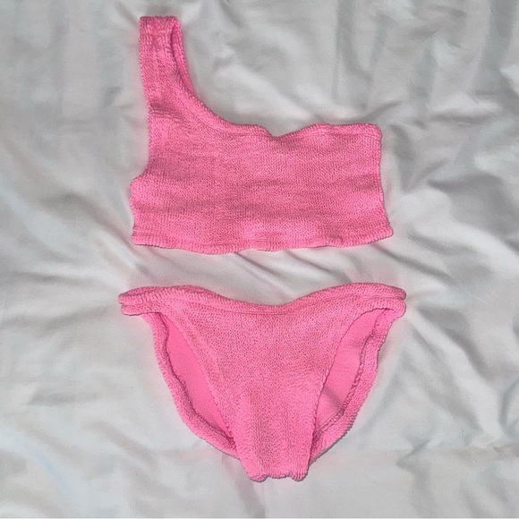Hunza G Bikini Set Pink Nancy One Shoulder Swimsuit Crinkle One Size Barbie - Picture 2 of 12